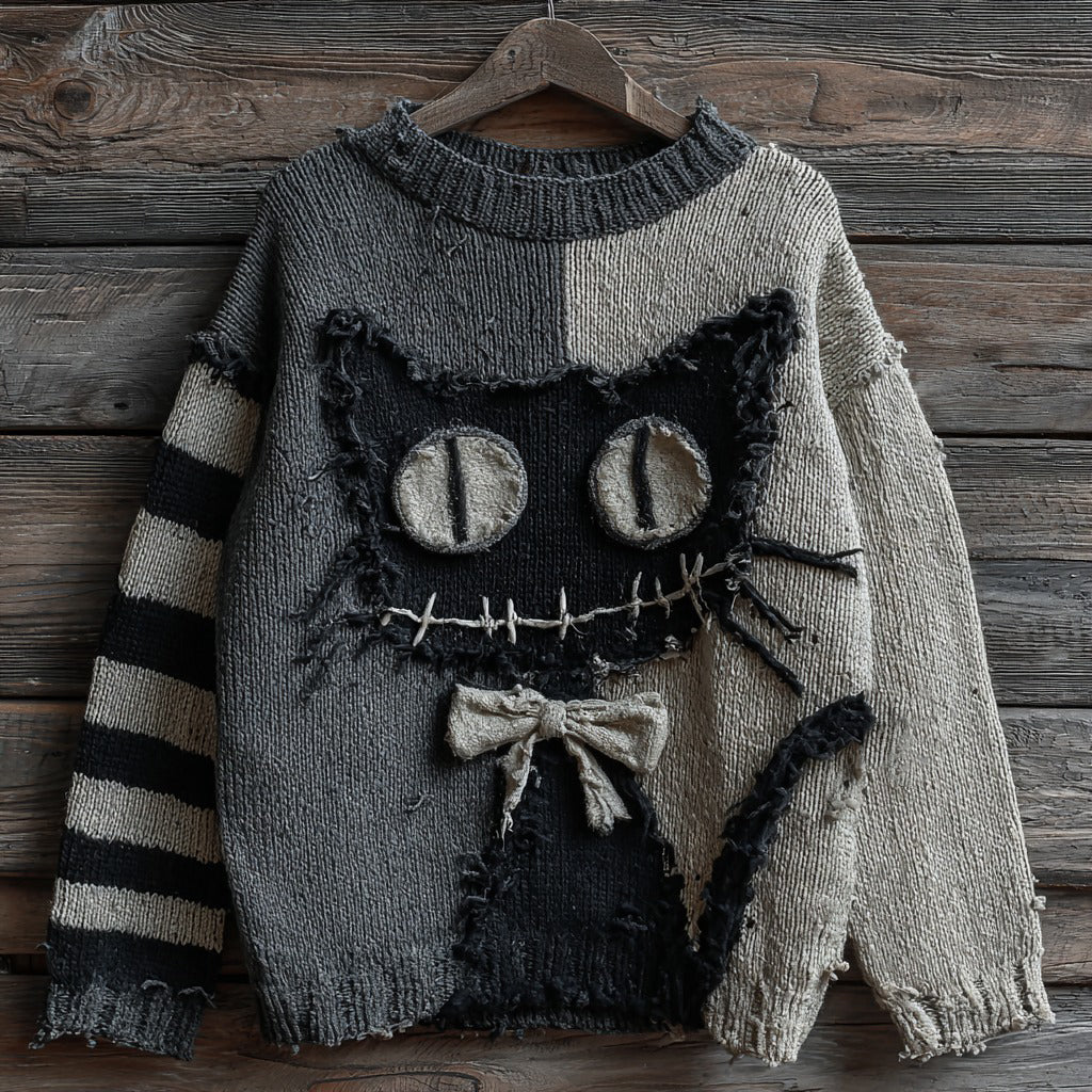 Halloween Black Cat Striped Knit Crew Neck Sweater