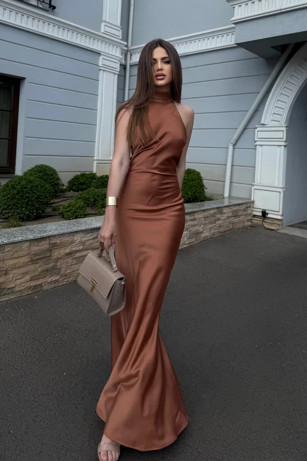 Brown Halter Neckline Maxi Dress