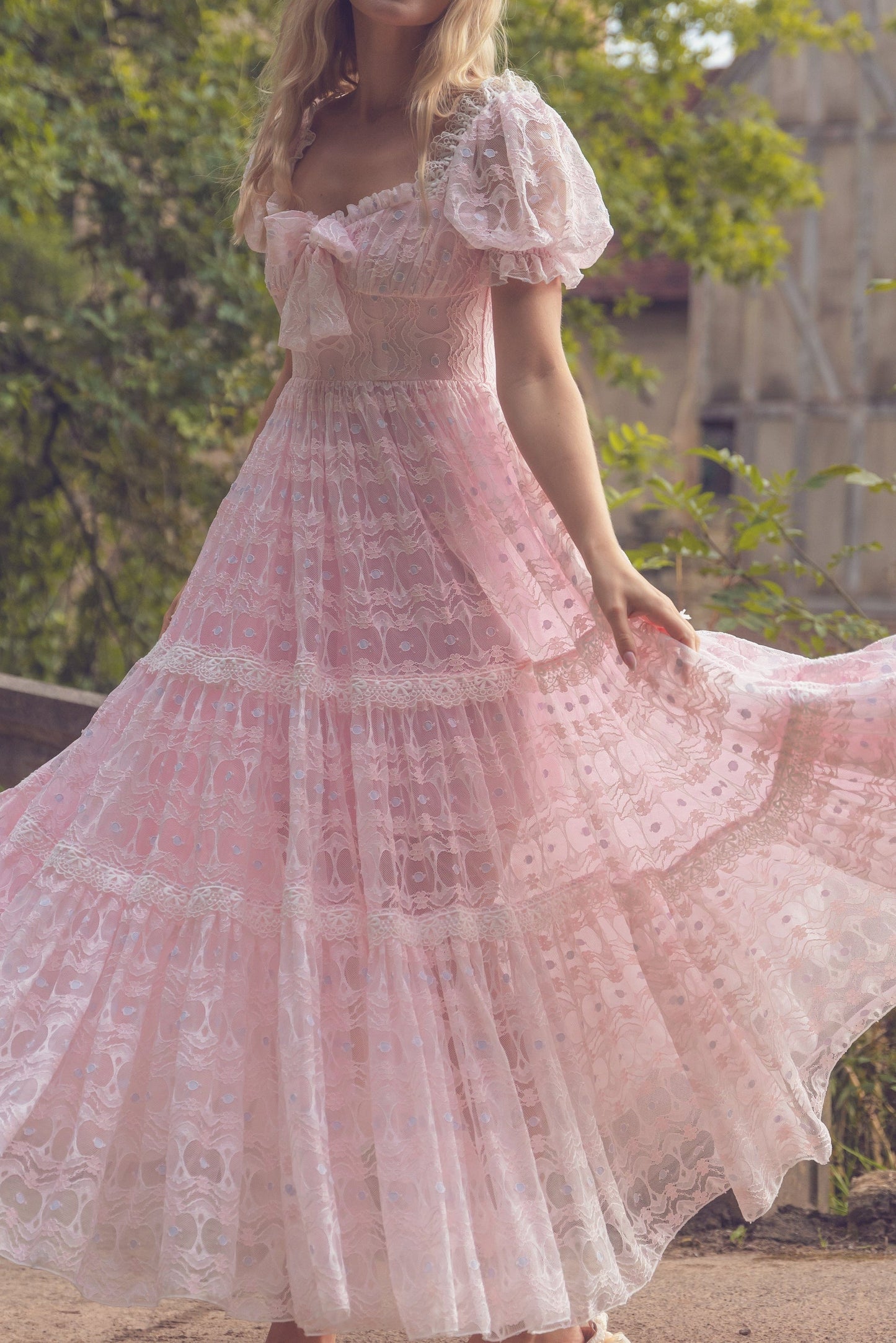 Pink Puff Sleeve Lace Layered Maxi Dress