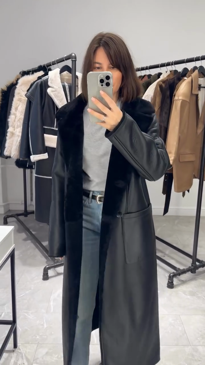 Black Shearling - Collar Leather Trench Coat