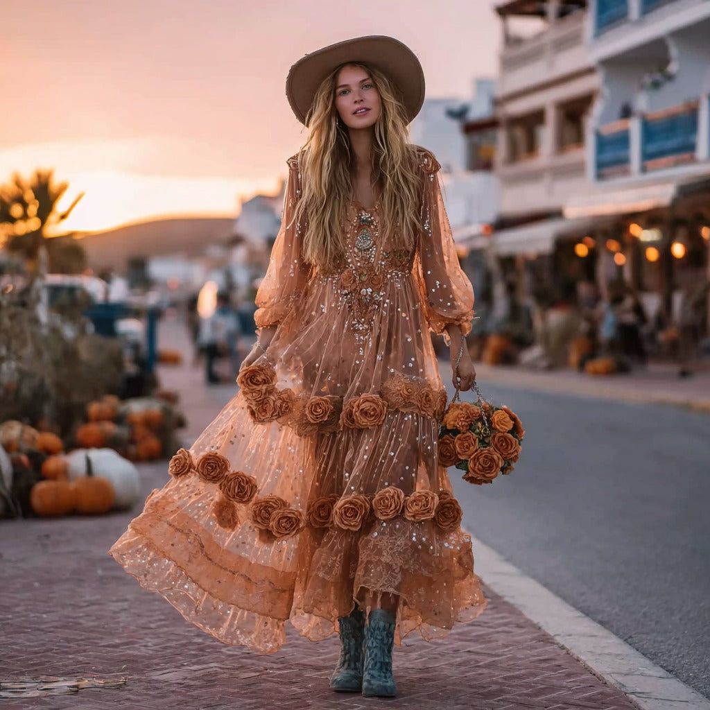Women's Orange Rose Gilded Pattern Elegant Long Sleeve Dress