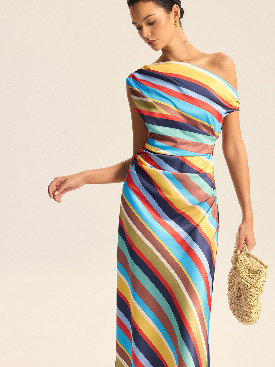 Multicolored Striped Off - the - Shoulder Midi Dress