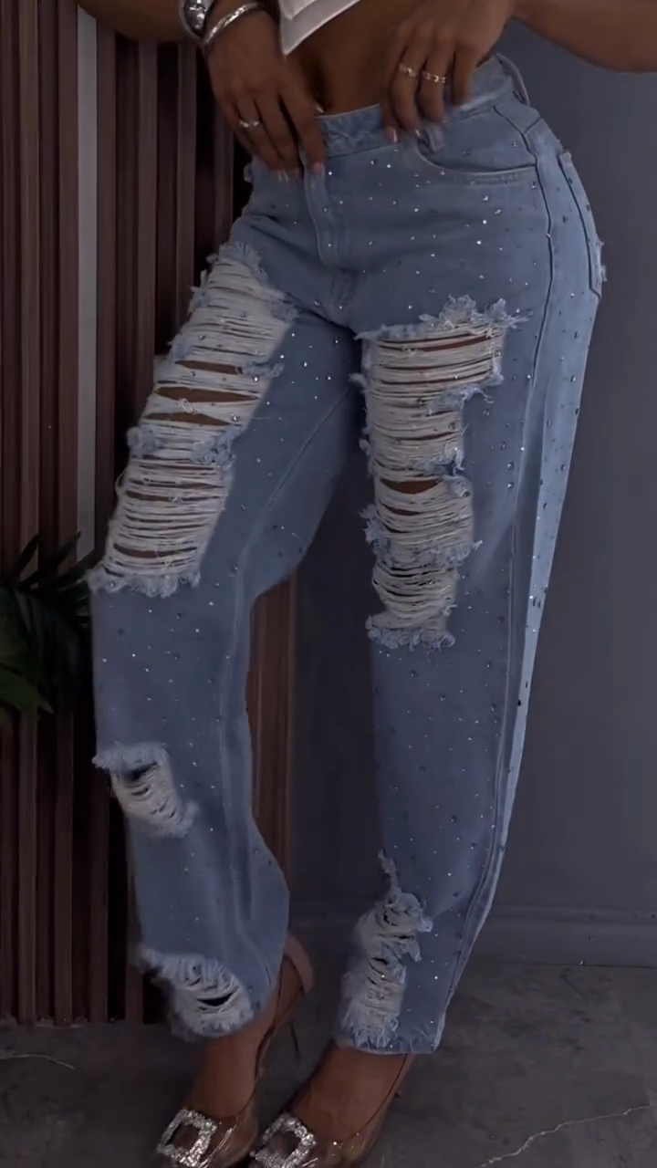 Embellished Distressed Light Blue Jeans