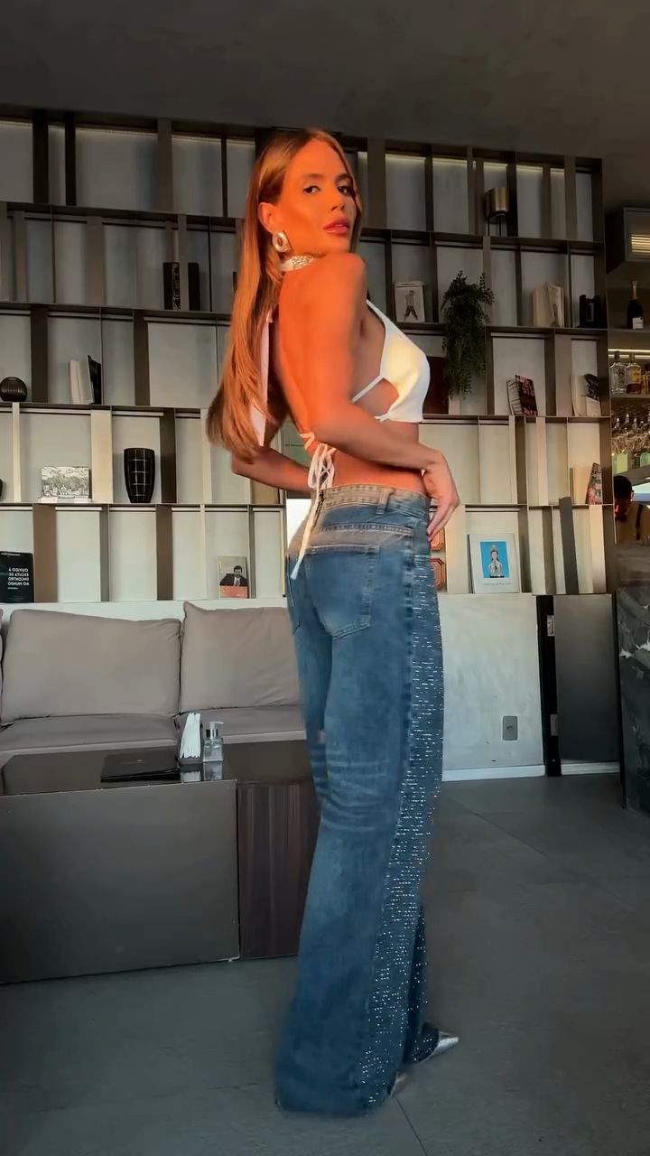 Rhinestone - Embellished Denim & Halter Crop Top Set