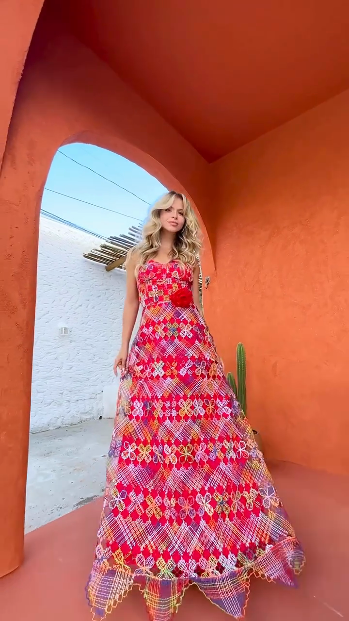 Red Embroidered Strapless Maxi Dress
