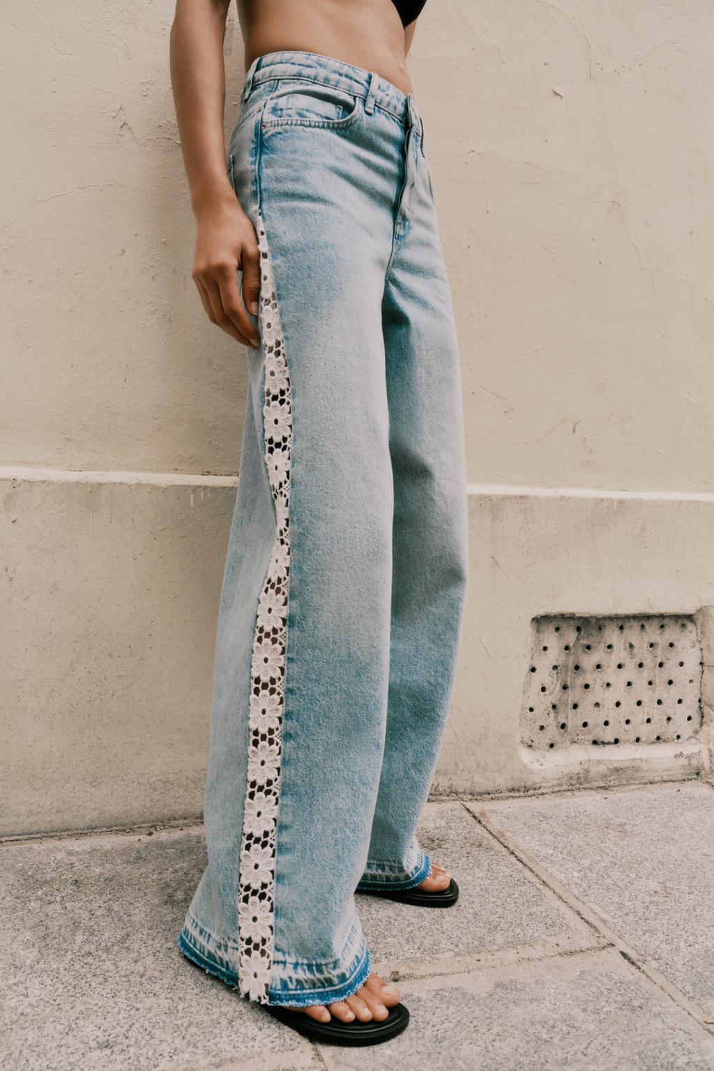Light Blue Wide - Leg Jeans with Lace Trim