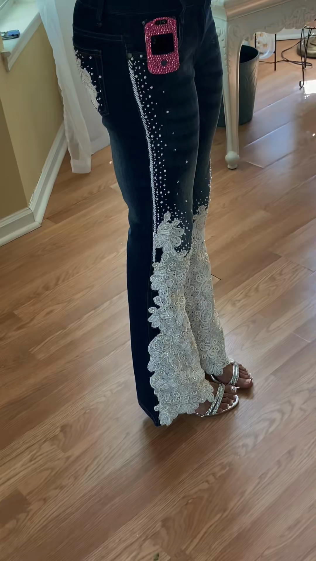 White Embellished Denim Flare Jeans