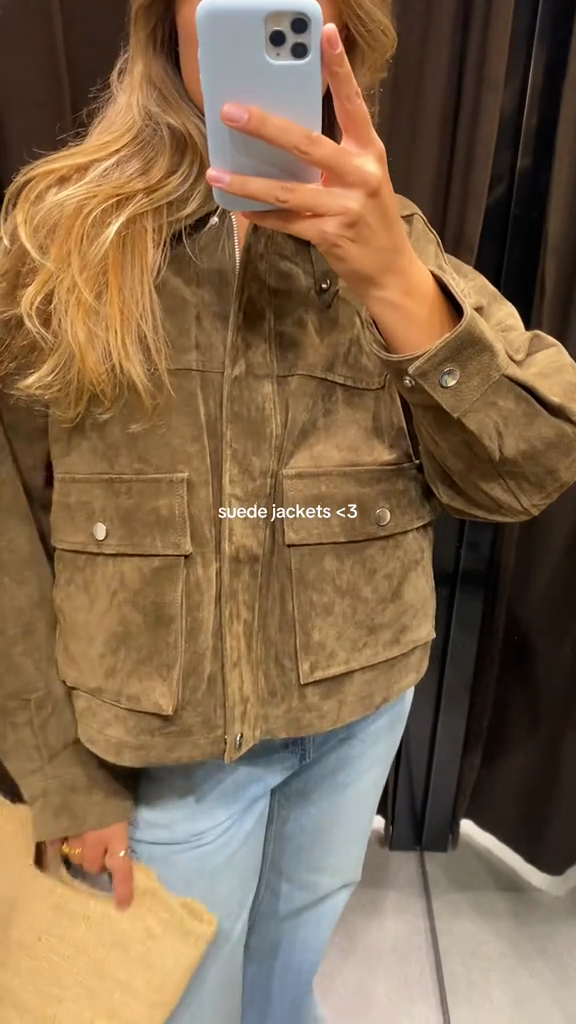 Khaki Suede Cropped Jacket with Flap Pockets