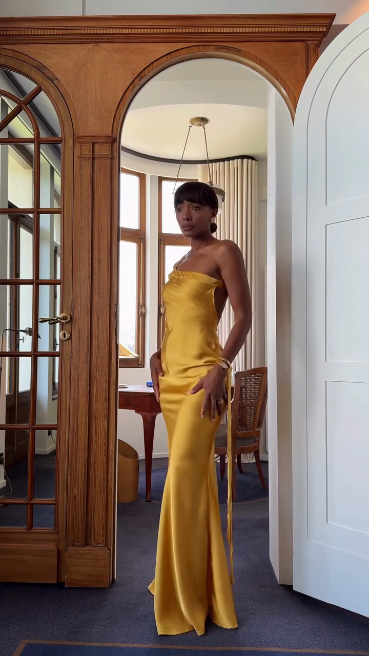 Yellow One - shoulder Satin Maxi Dress