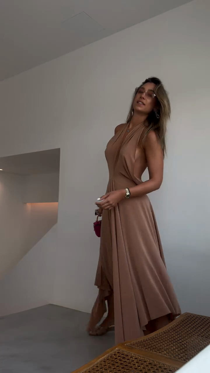 Tan Halter Neck Maxi Dress