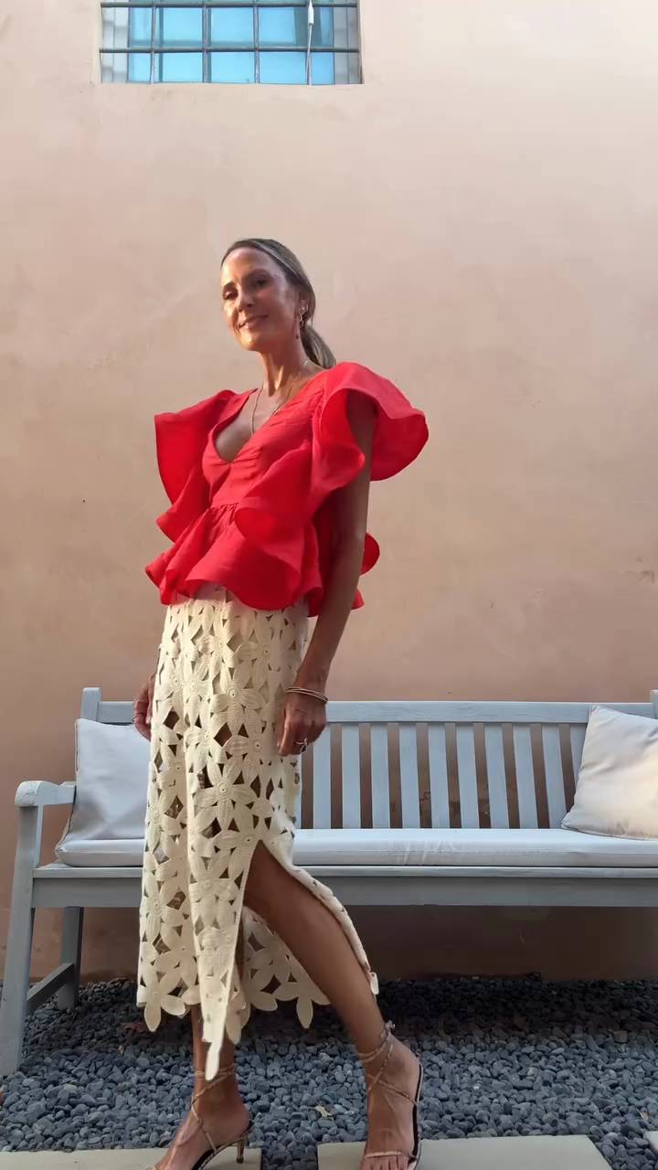 Red Ruffle Top and Crochet Midi Skirt Set