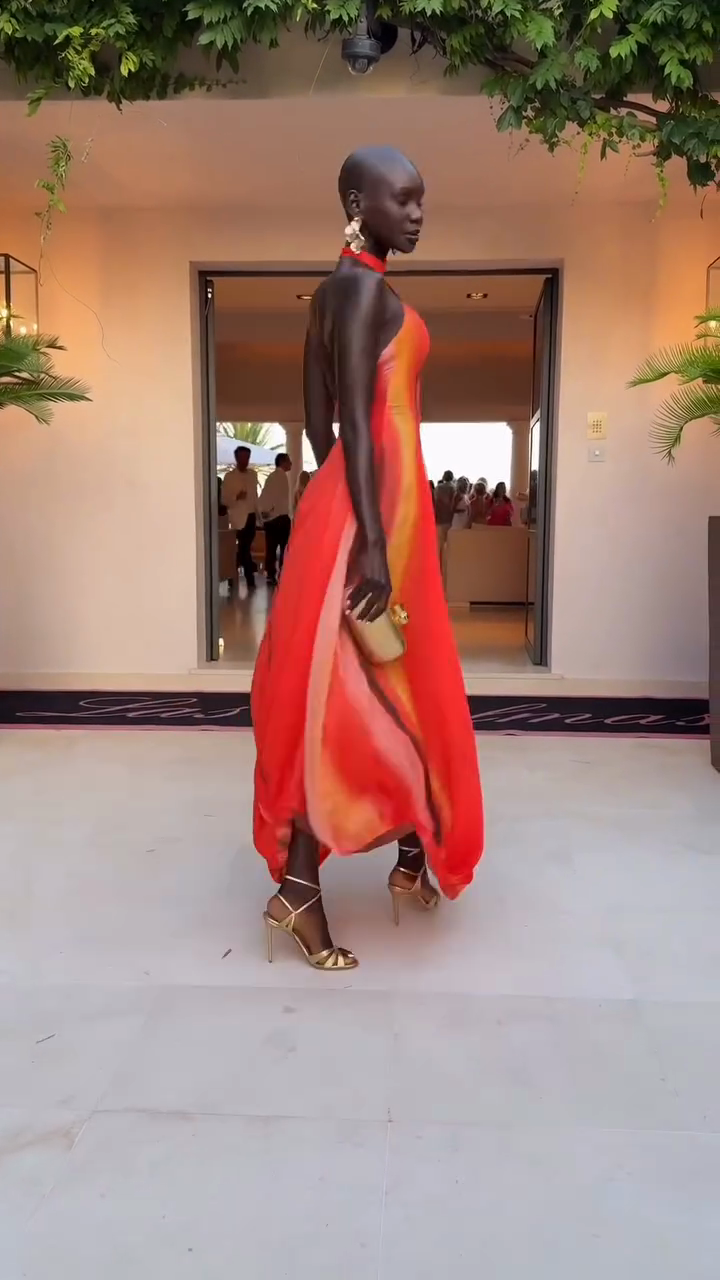 Red Halter Neck Maxi Dress with Abstract Print