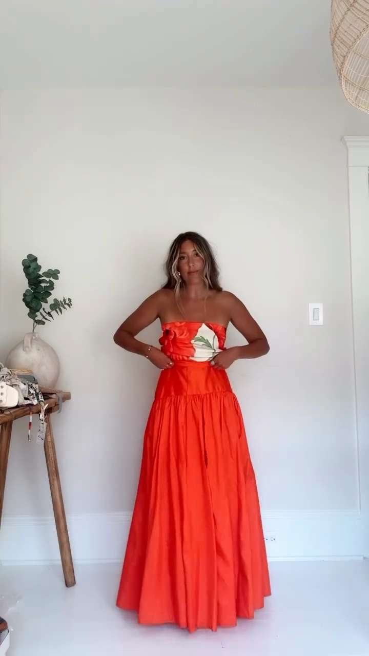 Red Floral Print Strapless Maxi Dress