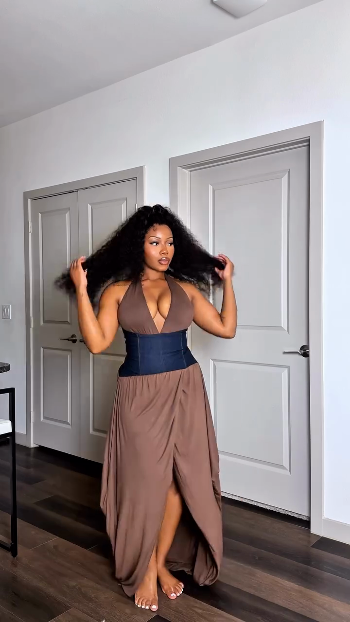 Brown Halter Maxi Dress with Corset Detail