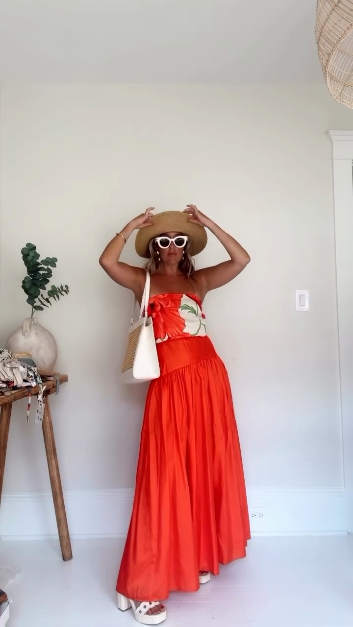 Red Floral Print Strapless Maxi Dress