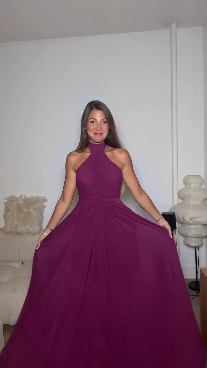 Plum Halter - Neck Chiffon Maxi Dress