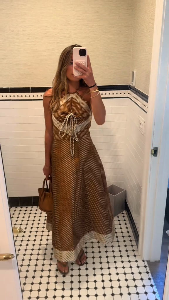 Brown Polka Dot Halter Maxi Dress with Tie Detail