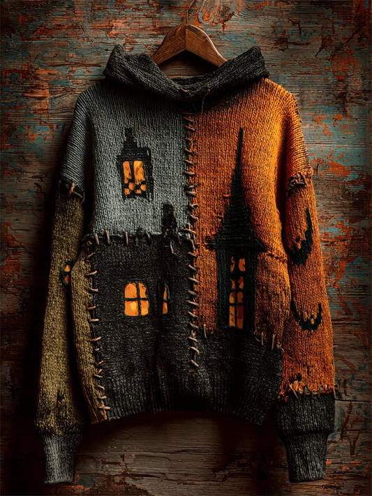 Halloween Spooky Castle Colorblock Stitched Cozy Knit Hooded Sweater