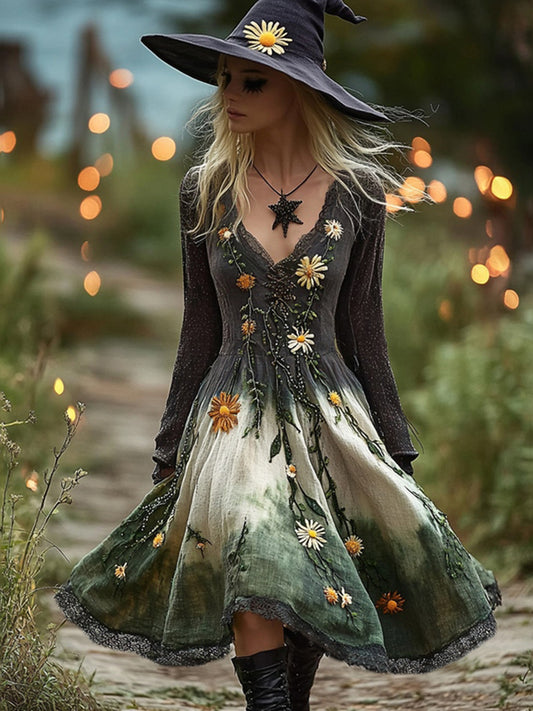 Women's Halloween Gradient Daisy Witch Midi Dress