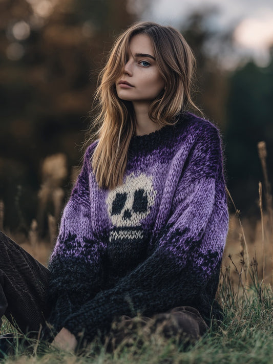 Halloween Skull Pattern Purple Gradient Cozy Knit Sweater