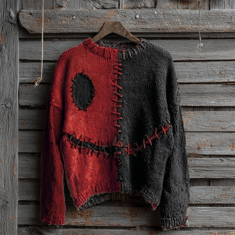 Halloween Spooky Face Contrast Stitched Cozy Knit Sweater