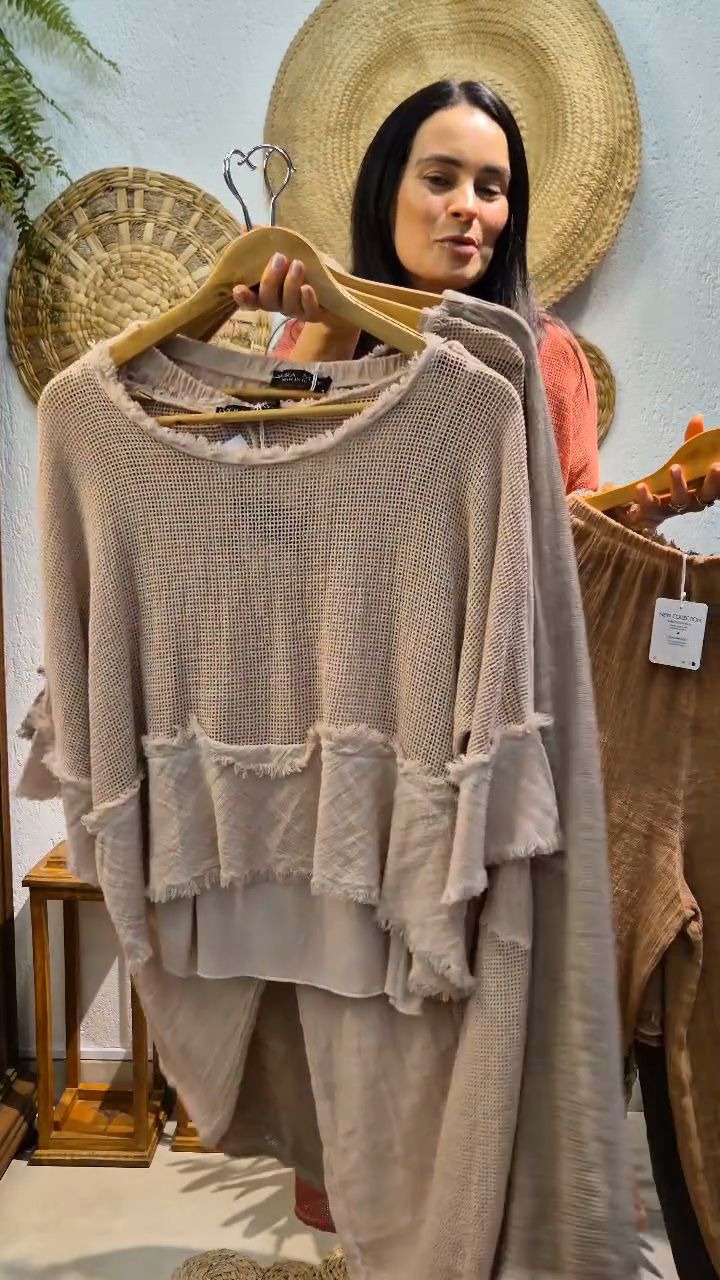 Colored Fringe - Trimmed Top and Pants Set