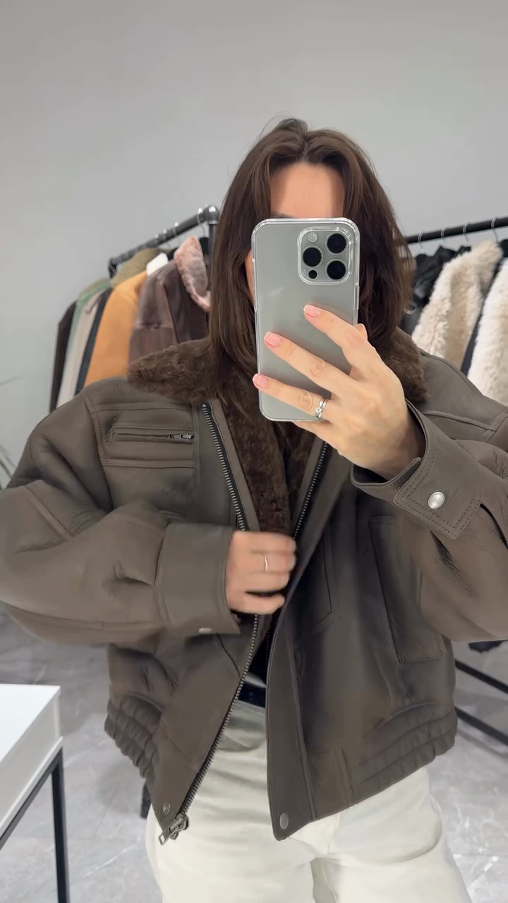 Brown Shearling Collar Leather Jacket