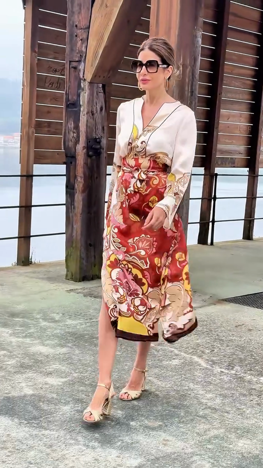 Printed Satin Midi Dress with Belt