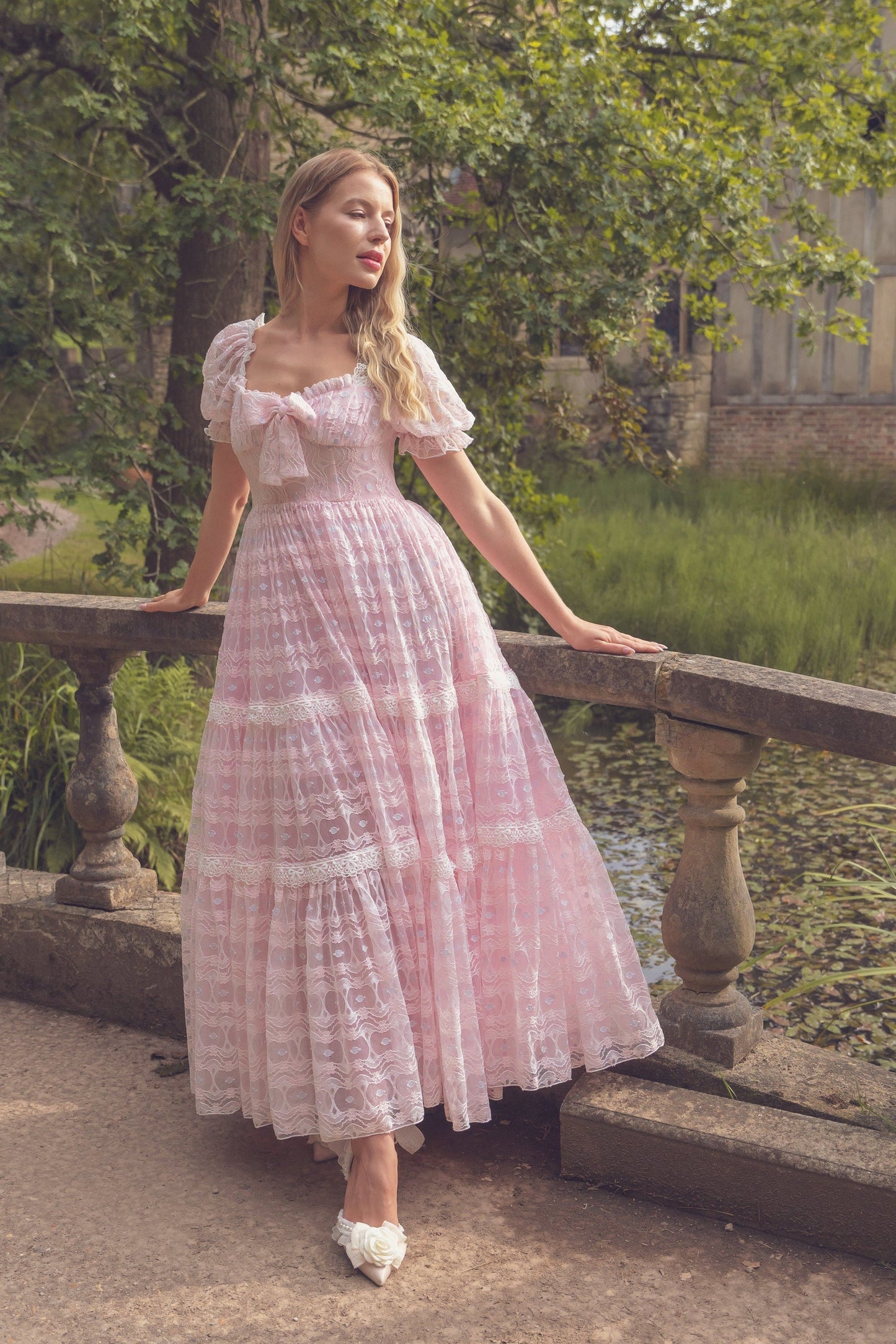 Pink Puff Sleeve Lace Layered Maxi Dress