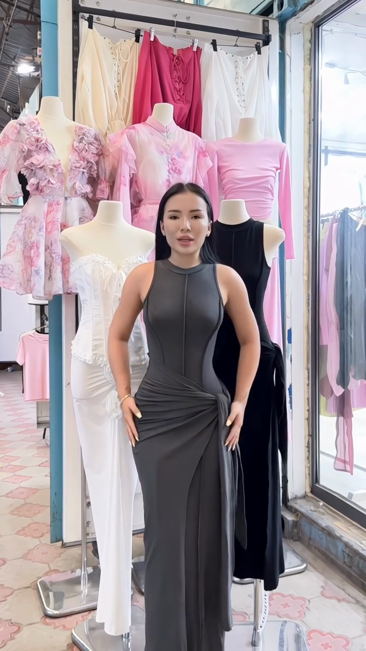 Sleeveless Asymmetric Drape Maxi Dress