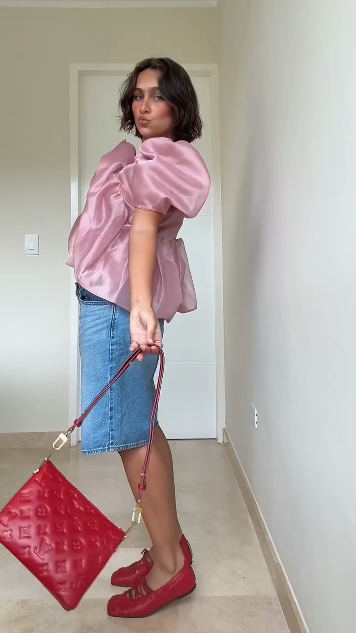 Pink Puff Sleeve Top and Denim Bermuda Shorts Set