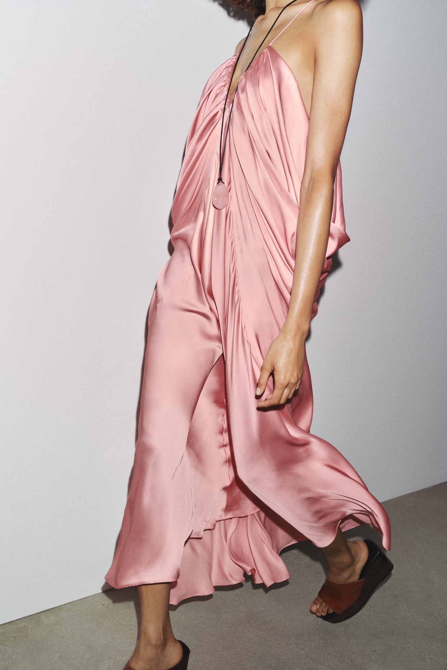 Pink Satin Halter Maxi Dress