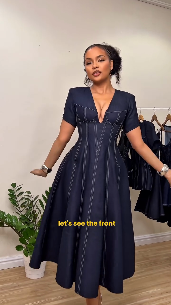 Navy Blue V - neck Midi Dress with Topstitching Details