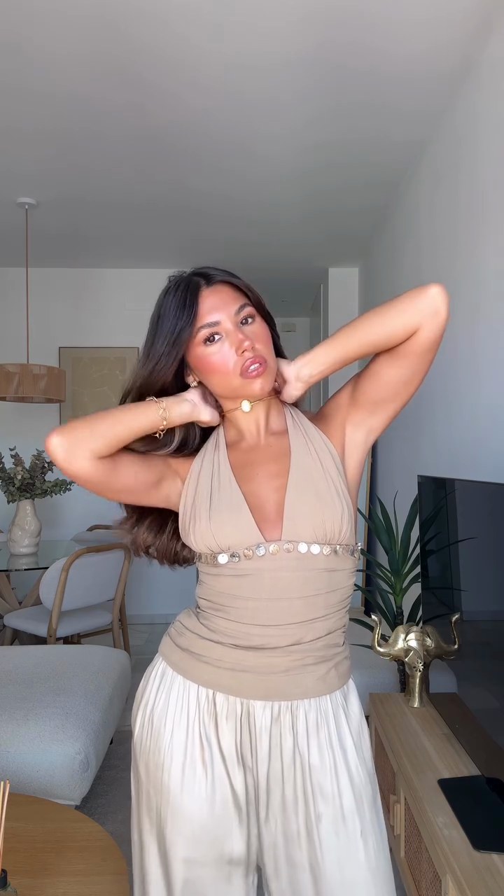 Beige Halter - Neck Top with White Harem Pants