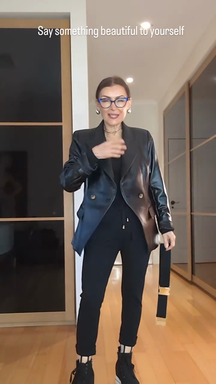Black Leather Double - Breasted Blazer