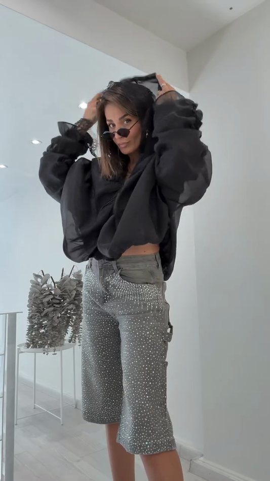 Silver Rhinestone - Embellished Denim Bermuda Shorts