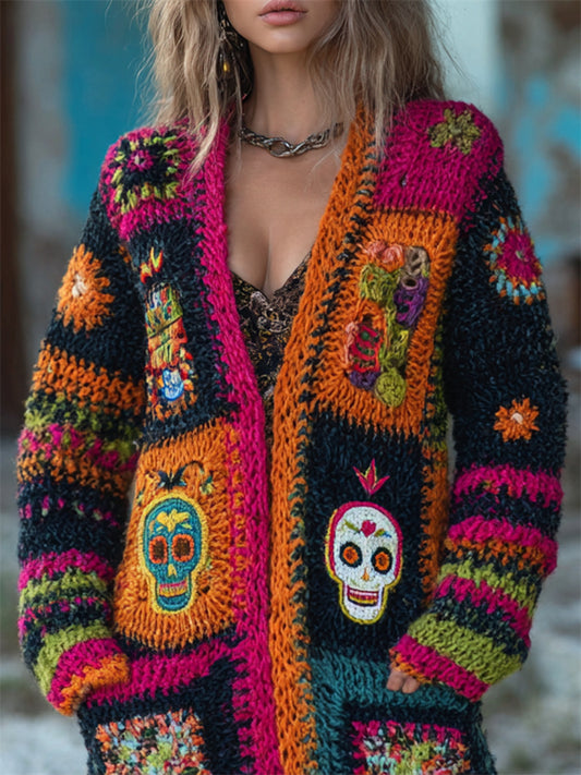 Day Of The Dead Sugar Skull Crochet Colorblock Cozy Knit Cardigan