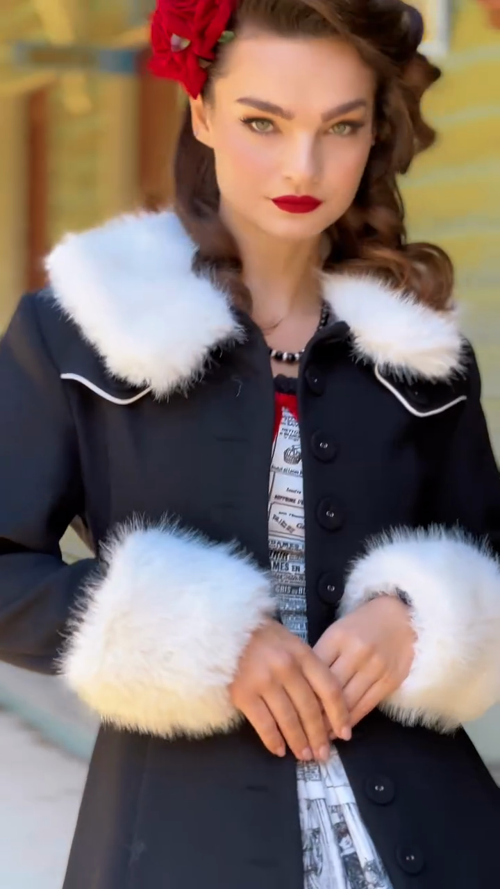 Vintage - inspired Black Coat with Fur Trim