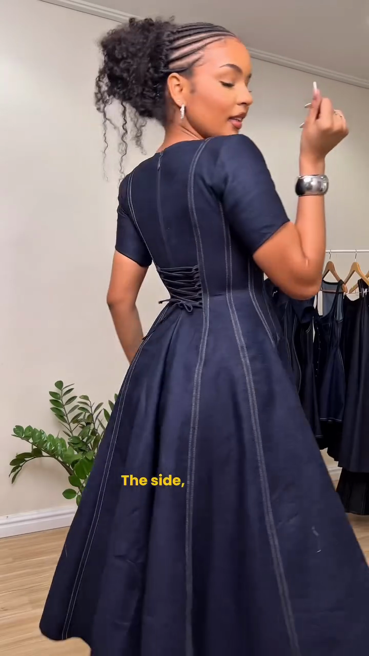 Navy Blue V - neck Midi Dress with Topstitching Details