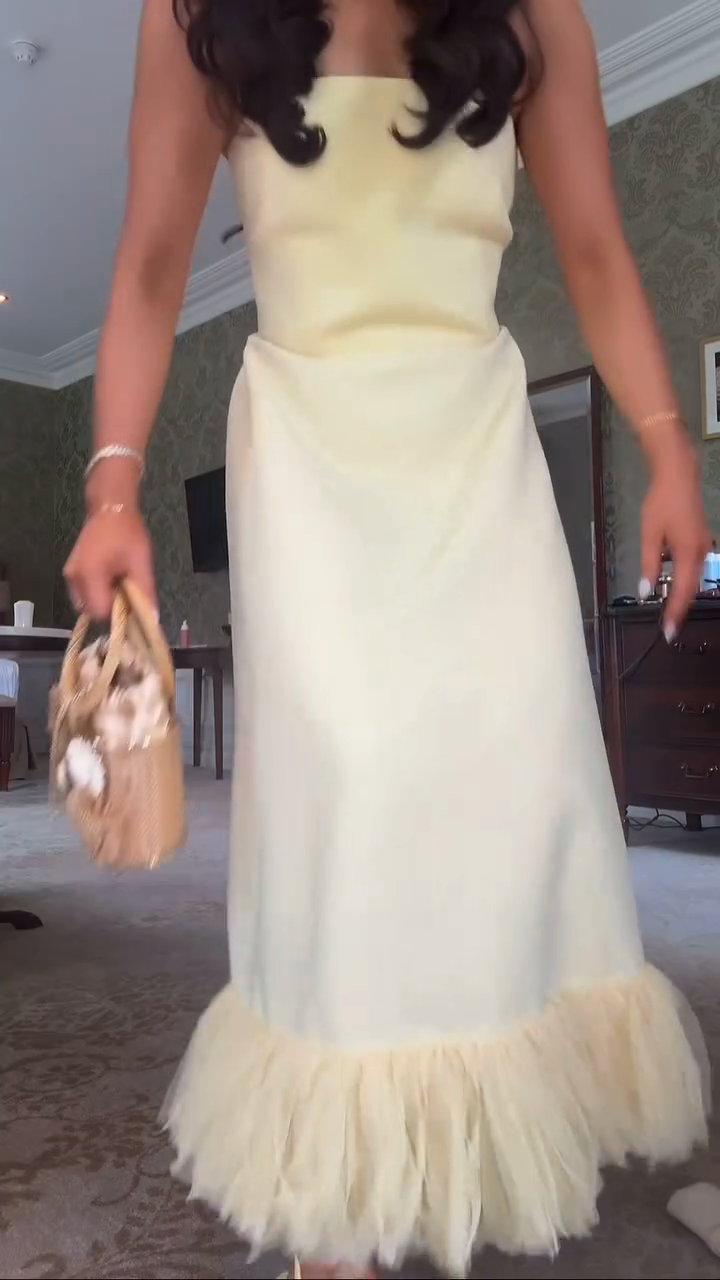 Yellow Off Shoulder Feather Hem Midi Dress