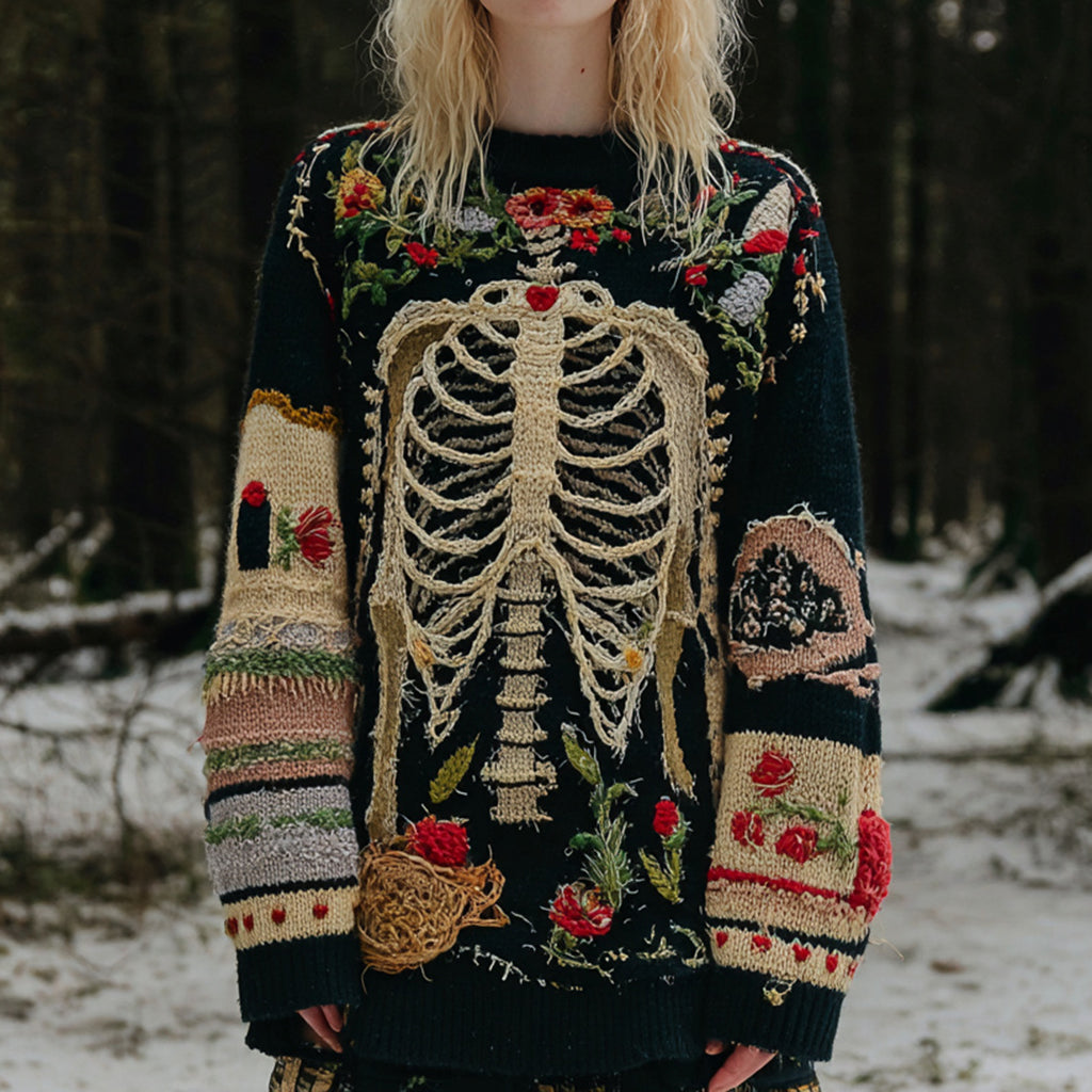 Women's Vintage Halloween Skull Floral Pattern Knit Sweater