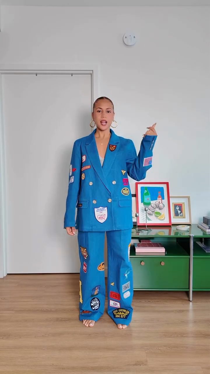 Patched Denim Blazer and Pants Set