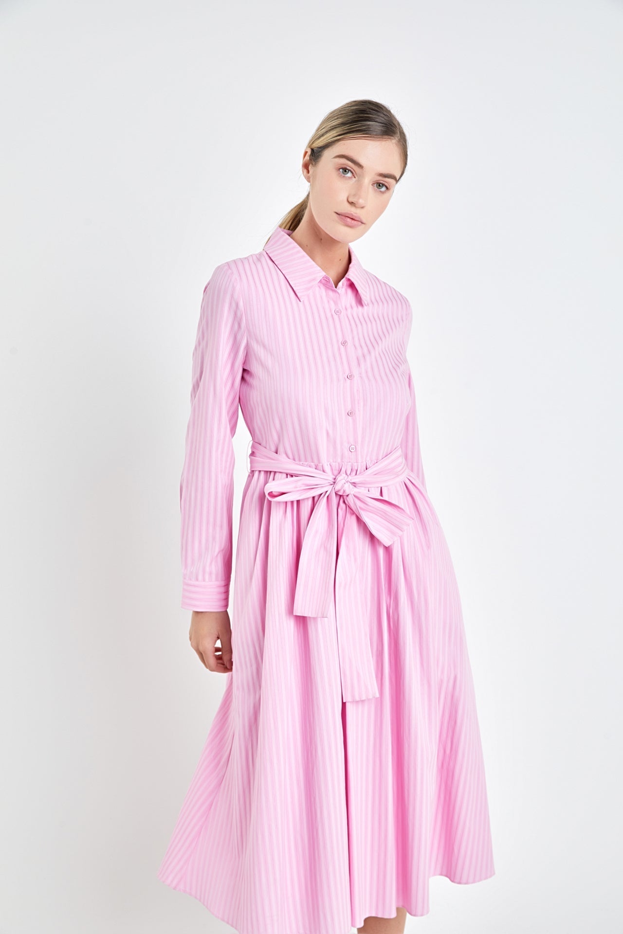 Pink Striped Shirt Dress with Belt