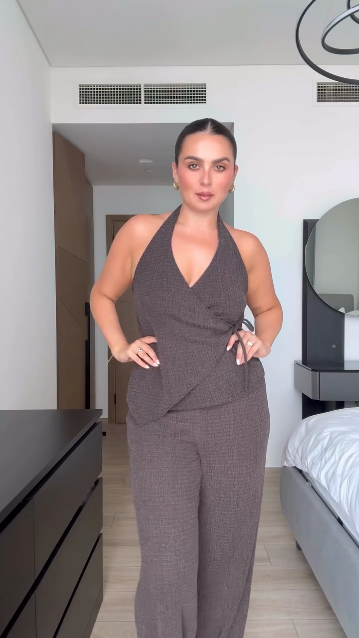 Brown Halter Top and Wide - Leg Pant Set