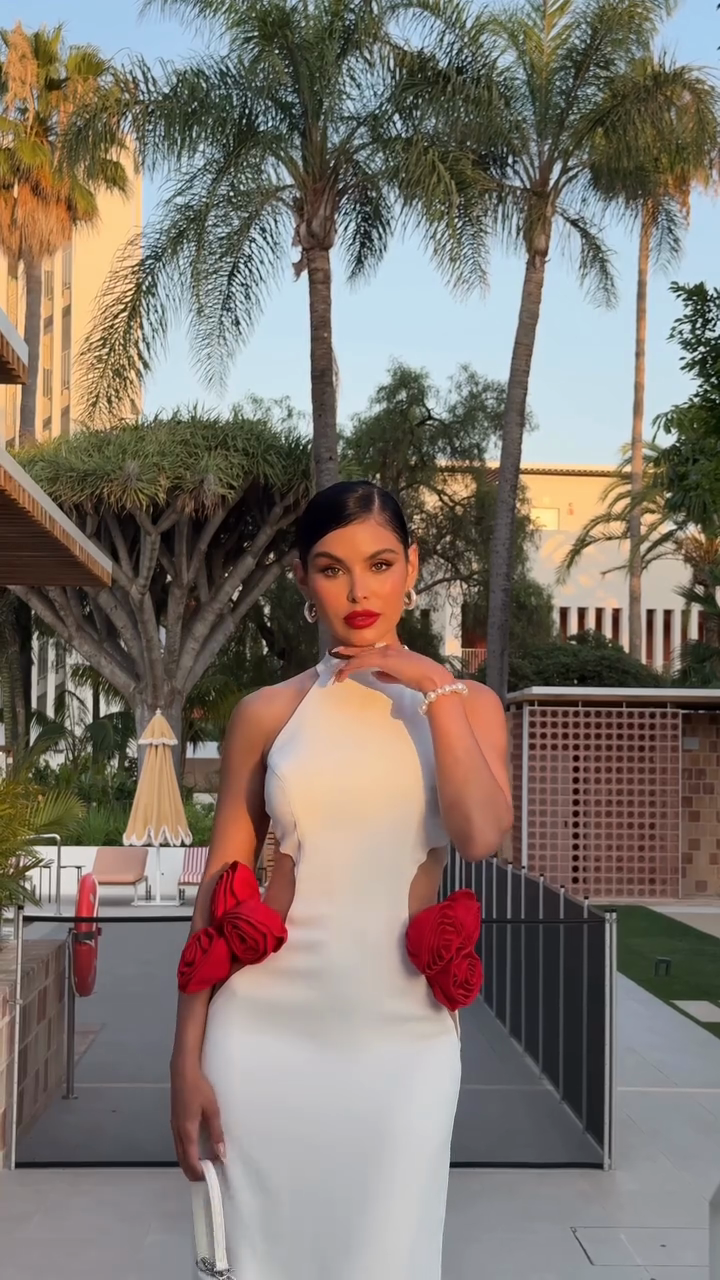 White Halter - Neck Cut - out Maxi Dress with Red Rose Embellishments