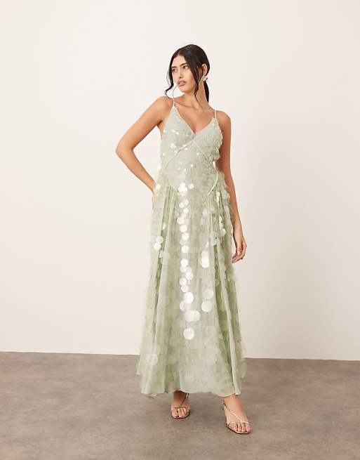 Sequin - Embellished Mint Green Maxi Dress