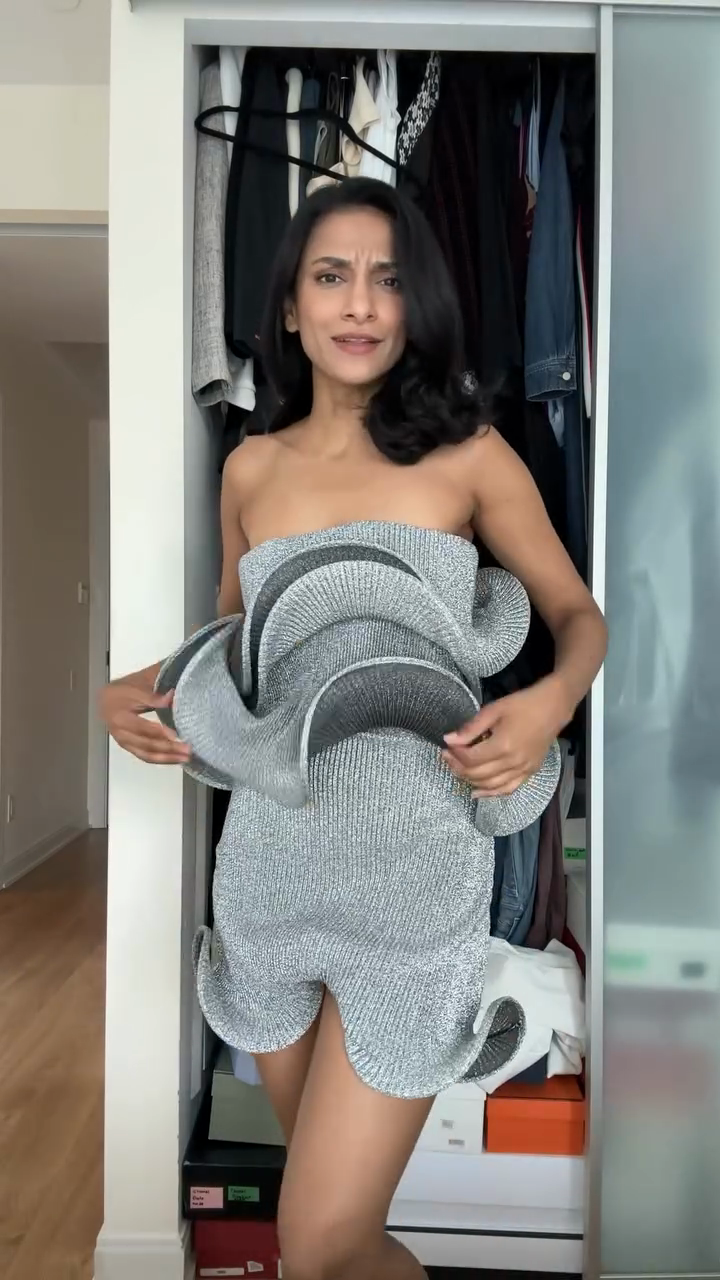 Silver Strapless Ruffled Mini Dress