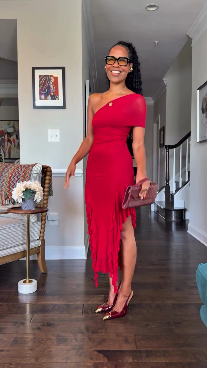 One - shoulder Ruffled Midi Dress