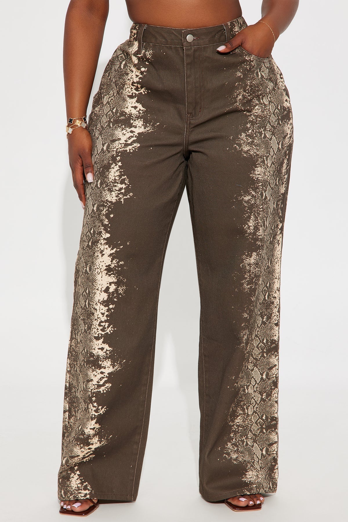 Snake Print Distressed Wide - Leg Jeans