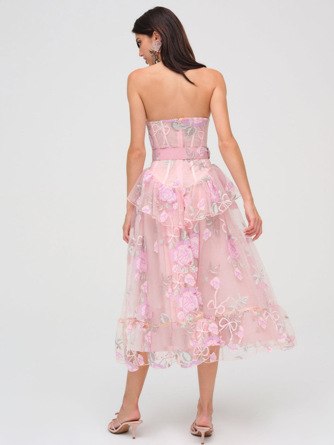 Pink Tulle Embroidered Strapless Midi Dress